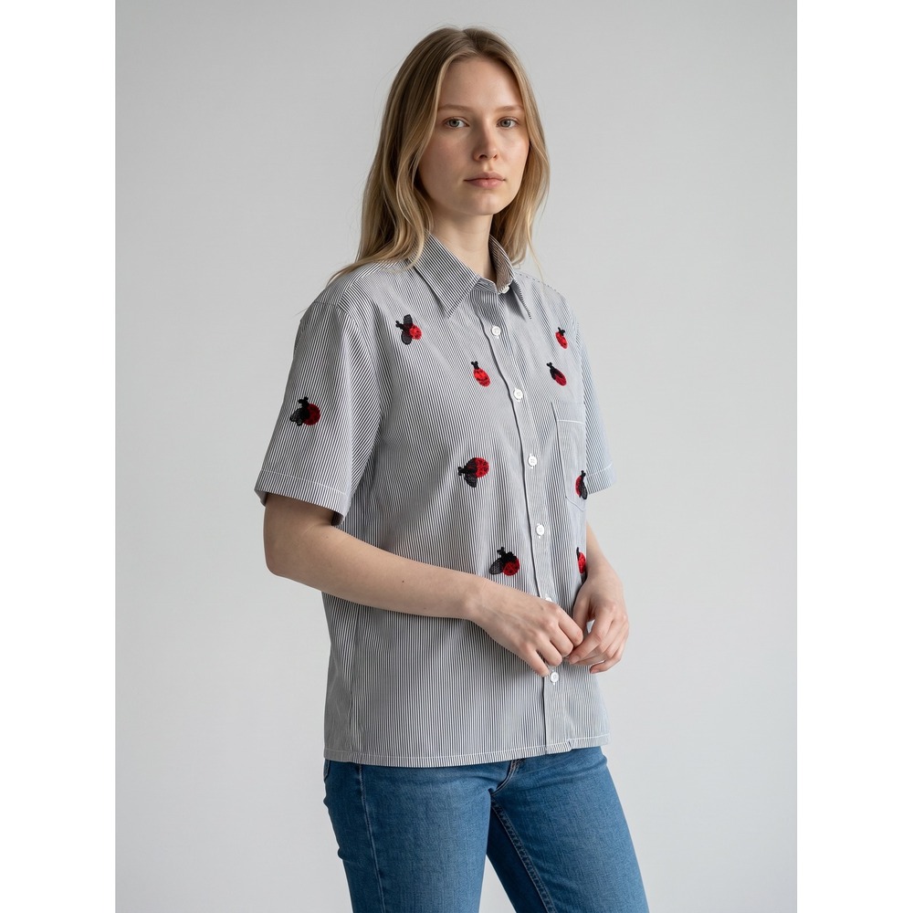 Las Olas Vintage Pinstripe Ladybug Embroidered Short Sleeve Button Down Shirt Lg